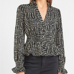 Express Blouse XS Black Tan Long Sleeve Collared Tailored Top Womens Church Work